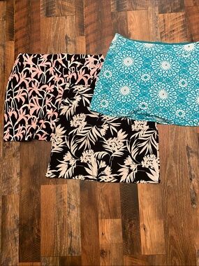 Three Women’s Skort Set - Pink Floral, Black Tropical & Aqua Tile.